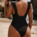 Ciryssa Ruffle One Piece Swimsuit for Women Tummy Control Deep V Black (Black)