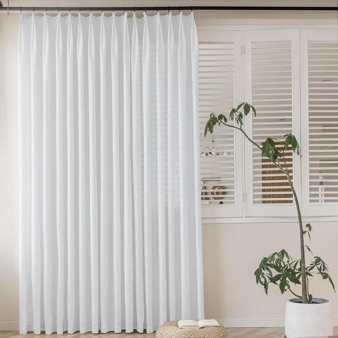 MAIHER Extra Wide Semi Sheer Pinch Pleated Curtains 72 Inches Wide White Linen Texture Pleated Drapes with Hooks Light Filtering for Living Room Sliding Glass Door 1 Panel 72" W x 84" L
