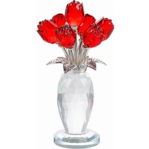 YWHL Crystal Red Rose Bouquet Figurine With Vase, Handmade Glass Flower Gifts for Women on Mother's Day Valentine's, Crystal Rose With Stem Home Table Decor for Christmas Birthday