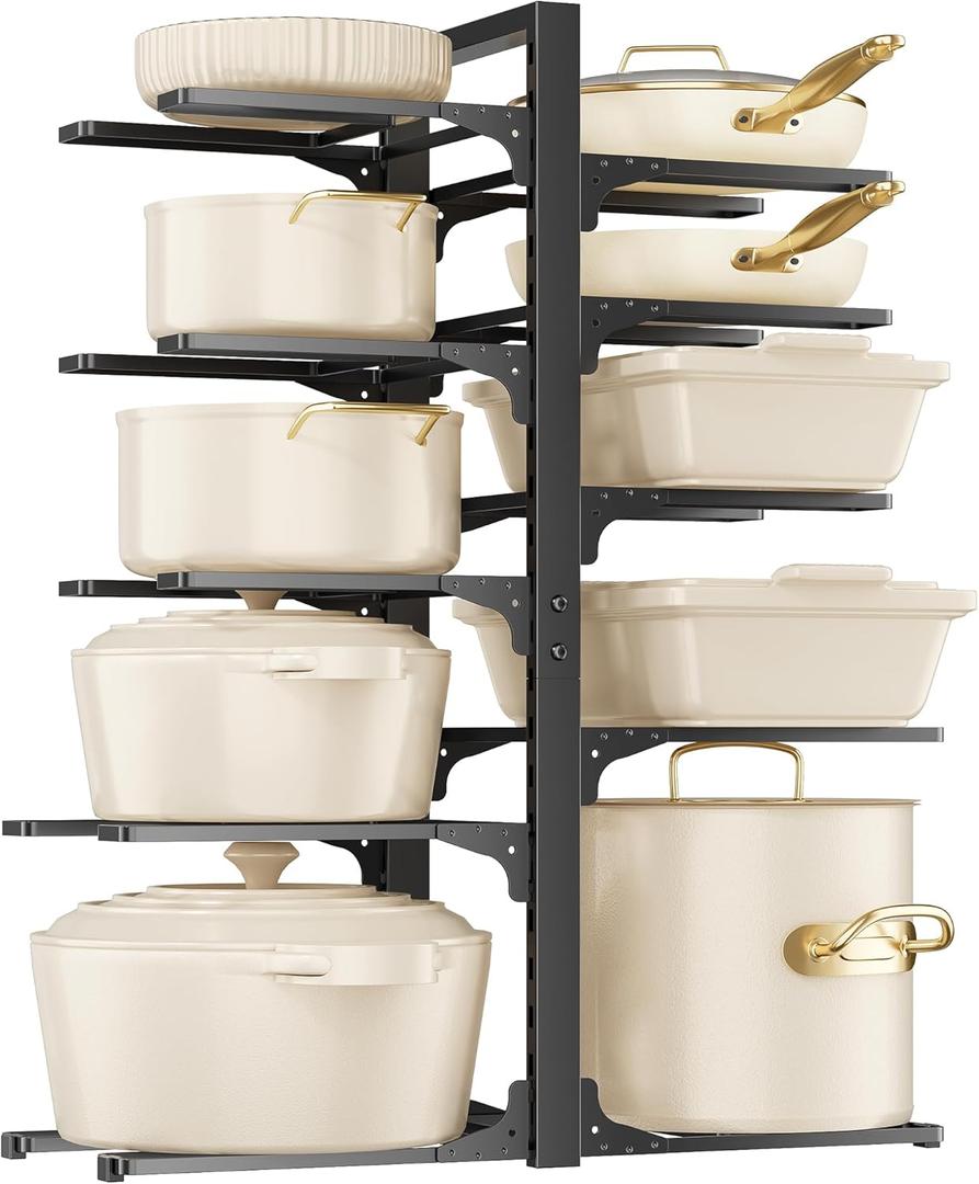 MUDEELA 10Tier Pots and Pans Organizer under Cabinet, 23.62" Height Heavy Duty Pot and Pan Organizer Kitchen Cabinet Organization and Storage, Adjustable Pot Rack for Frying Pan, Cast Iron Skillet