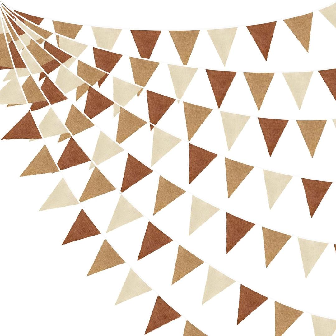 32Ft Brown Party Decorations Boho Pennant Banner Fabric Triangle Flag Linen Bunting Garland Streamers for Woodland Teddy Bear Baby Shower Jungle Safari Birthday Home Nursery Outdoor Garden Decor