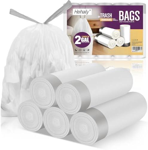 Small-Garbage-Bag 2-Gallon-Size Trash Bags Drawstring - Unscented Clear White Mini Bulk Drum Plastic Liners Recycling for Kitchen Office Bathroom Can Waste Basket, 3 Rolls, 120 Counts