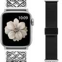 Minyee Magnetic Stretchy Band Compatible with Apple Watch Bands 42/ 44/ 45/ 46/ 49mm Women Men, Celtic Knot Soft Elastic Nylon Fabric Strap for iWatch Series 11 10 9 8 7 6 5 4 SE/ Ultra 3 2 1, Black/ Silver