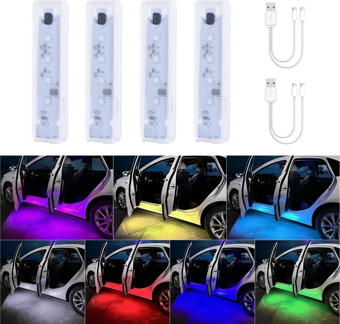 CARFIB Car LED Door Lights Projector 7 Color Wireless Door Warning Lights USB Welcome Doors Sill Courtesy Projection Magnetic Auto Sensing Ambient Lighting Puddle Light 4Pcs