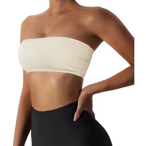 Boudaner Women’s Padded Bandeau Sports Tube Top Bra Strapless Wireless Solid Seamless Yoga Workout Bralette Beige, XX-Large