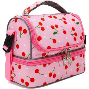 FlowFly Kids Double Decker Cooler Insulated Lunch Bag Large Tote for Boys, Girls, Men, Women, With Adjustable Strap, Cherry