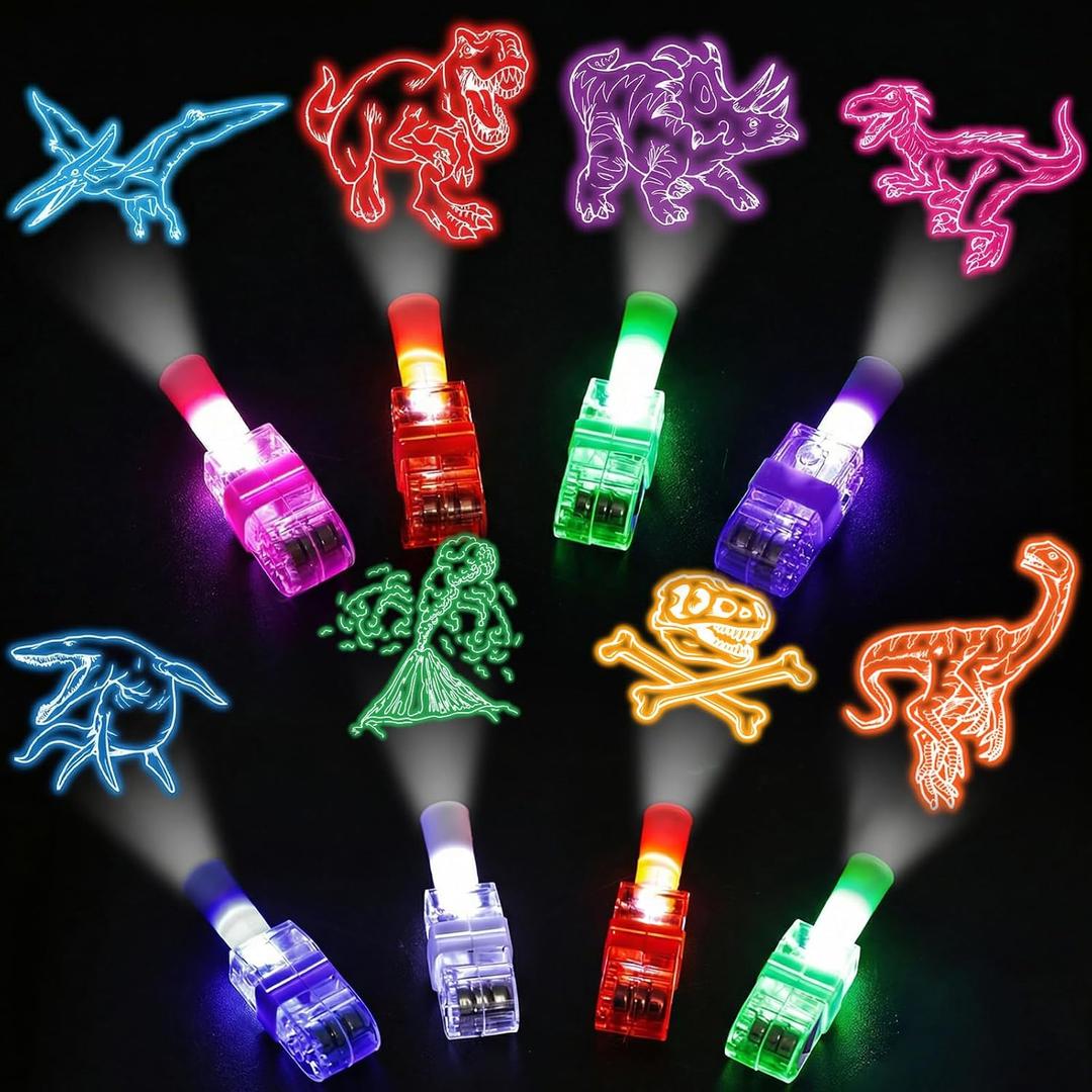 LovesTown 24PCS Dinosaur Party Favors, LED Light up Finger Lights Glow in The Dark Finger Flashlights for Birthday Party Decorations Goodie Bags Fillers Classroom Prizes