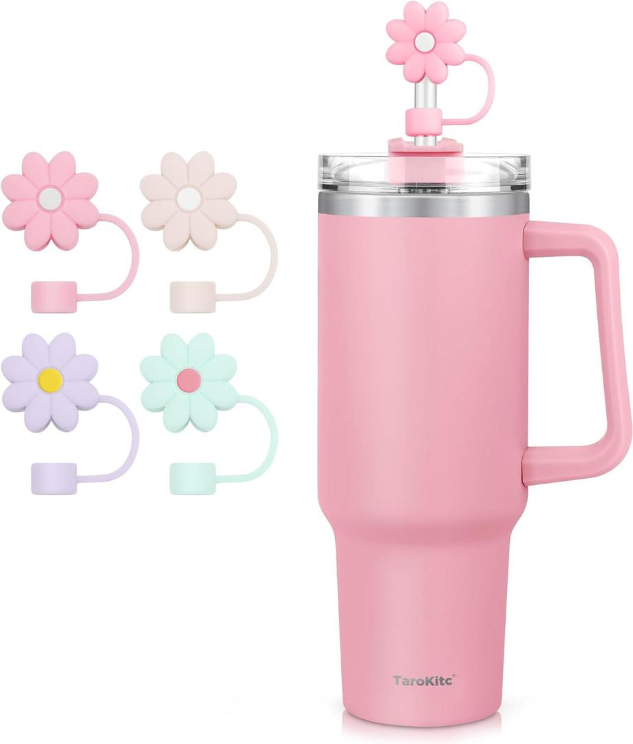 TaroKitc 40 oz Tumbler with Handle and 4 Silicone Straw Covers Cap | Stainless Steel Insulated Travel Mug Iced Coffee Cup | Keeps Drinks Cold for 34 Hours | Dishwasher Safe, BPA Free(Pink) (40 Ounces, Pink with 4 Straw Covers)