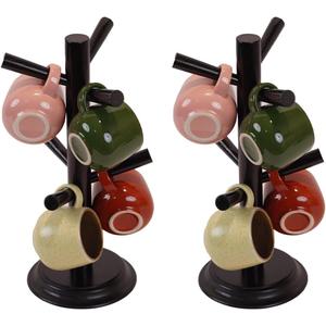 Mug Tree Set of 2 | 13.5"x7"x7", 6 Hooks Cup Holder with Thick Rubberwood Base, Wooden Coffee Mug Holder Stand for Countertop, Kitchen Table, Cup Organizer Rack for Mugs or Utensils (Black)