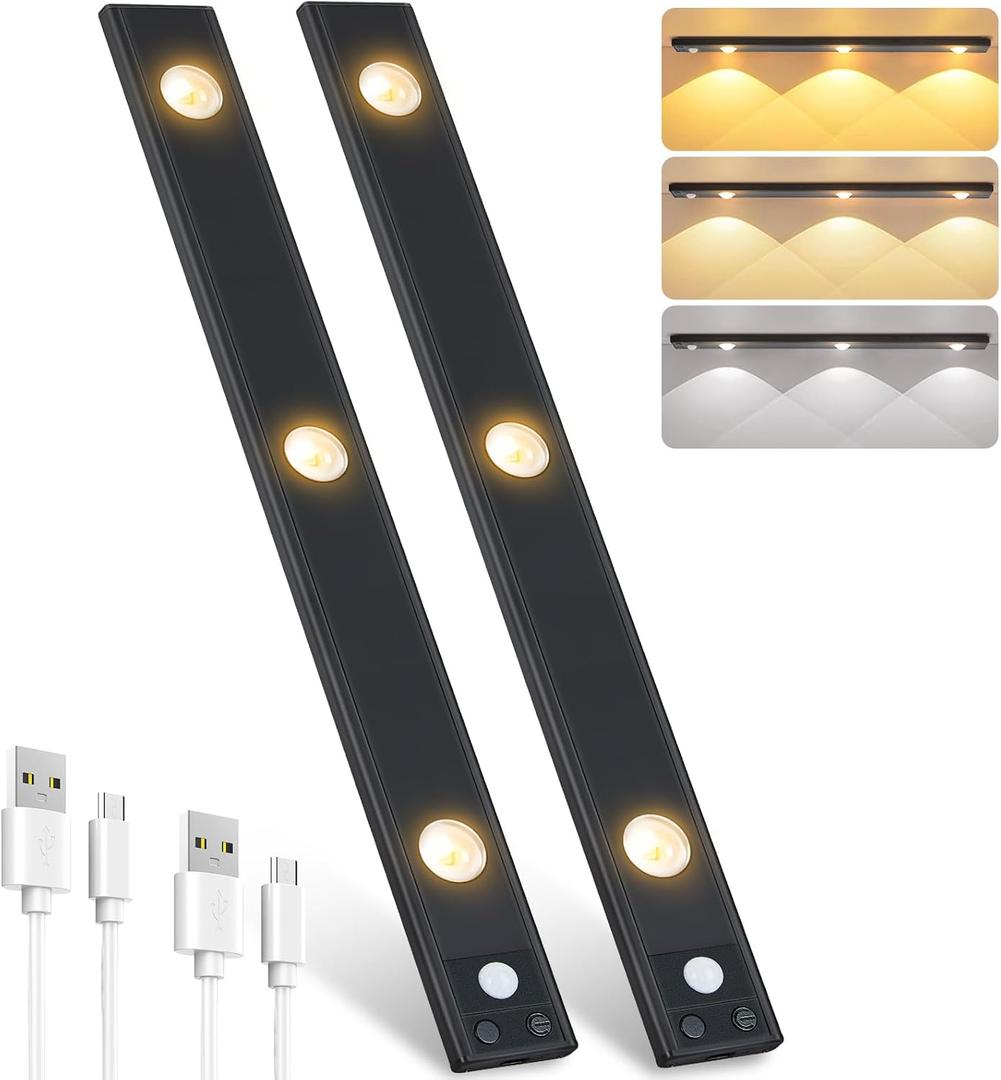 Pak Under Cabinet Lights, Rechargeable Motion Sensor Light Indoor, Wireless and 3-Color Dimmable with Cats Eye Hill Effect, for Display Cabinets, Showcases, Wine Racks, 2 Pack, Black