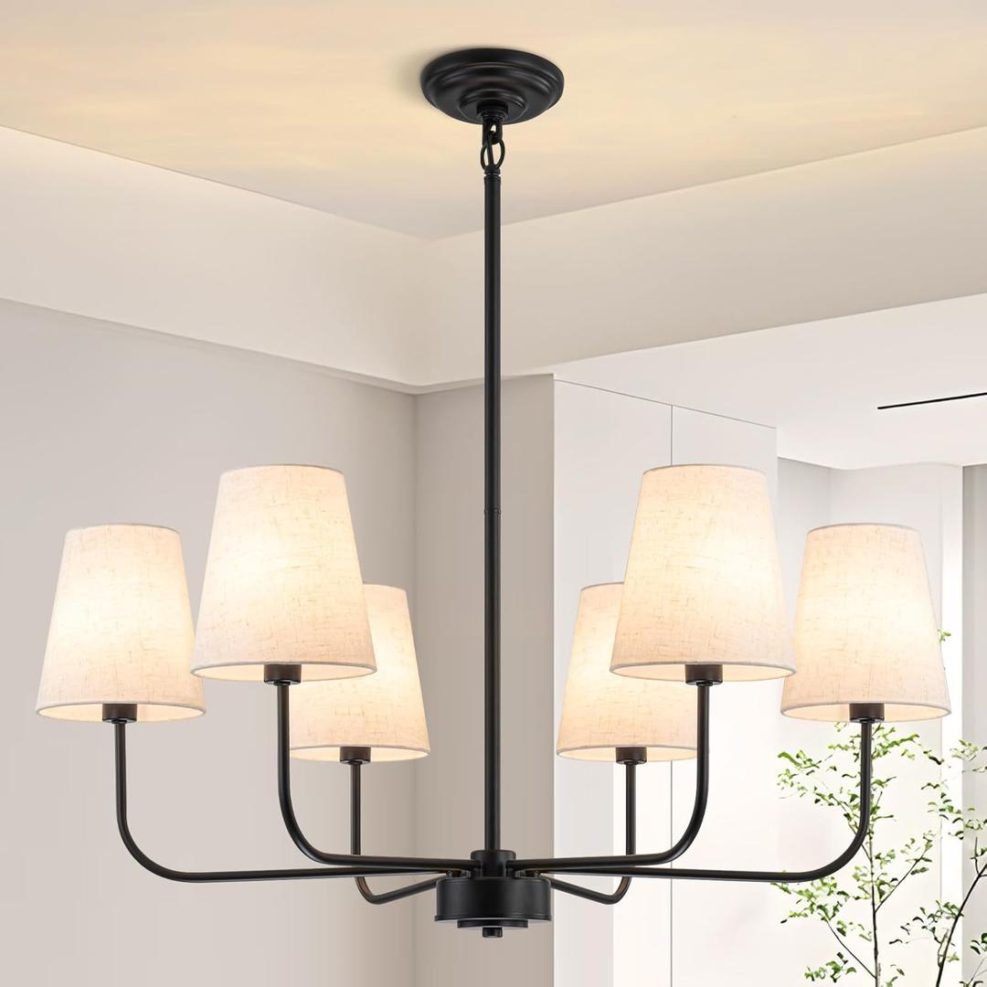 Farmhouse Chandelier 6 Light 31.5", Black Chandelier Modern Dining Room Light Fixtures over Table Island Lighting Fixture with Linen Fabric Shades for Kitchen Living Room Foyer Entryway Bedroom