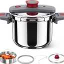 MICHELANGELO Stovetop Pressure Cooker Stainless Steel, 6.3 qt, 304 Stainless Steel, 6-Fold Safety System, One-Hand Easy-Open Lid, 2 Pressure Settings, Induction Compatible, Steamer Basket & Glass Lid