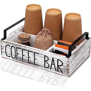 LYJWOO6D Coffee Station Organizer Wooden Coffee Pod Holder and Bar Accessories for Countertop,Farmhouse Kcup Pod Holder Organizer with Handle,Tea Condiment storage Box Decor-Rustic White