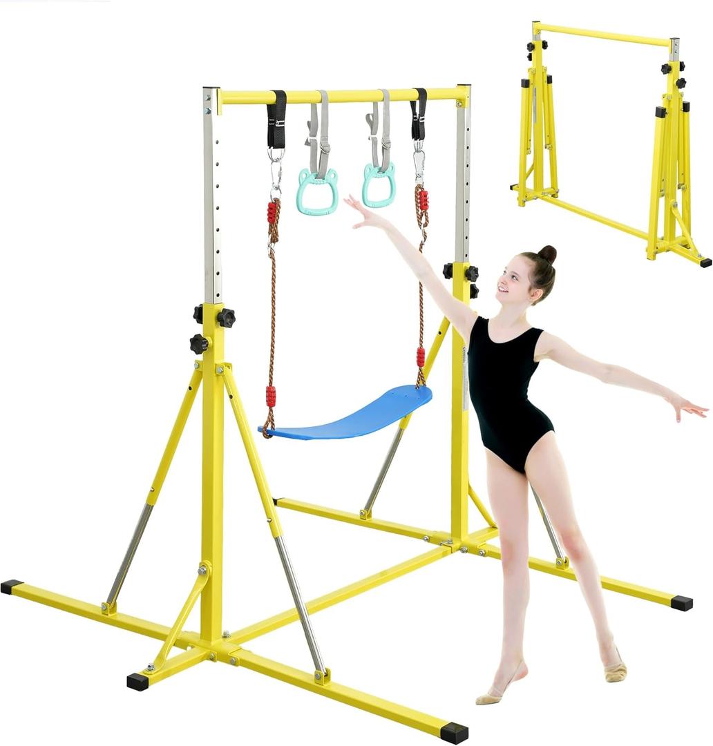 FC FUNCHEER Foldable Gymnastics Bar,5FT Horizontal bar,Adjustable Kids Training bar for Kids Ages 3-15,Kids Gymnastics bar,Triangle Stable Structure-Gym Equipment for Home