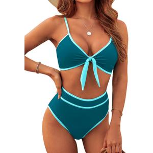 Blooming Jelly Women's High Waisted Bikini Set Tie Knot High Rise Two Piece Swimsuits Bathing Suits (Large, Blue Green42)