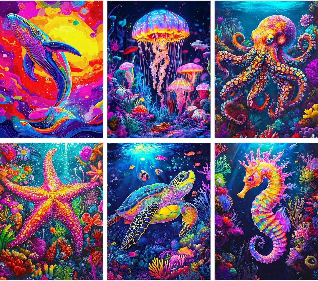 Upigi Sea Animals Diamond Painting Kits for Adults,DIY 5D Diamond Art Kits for Beginners,Round Full Drill Gem Art Crafts Kit for Home Wall Decor 12 x 16 Inch (6 Pack Sea Animals)