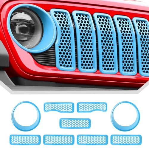 JeCar Mesh Grill Inserts & Headlight Covers Fit for 2024+ Jeep Wrangler JL Grill Covers Trim Accessories (9pcs Light Blue)