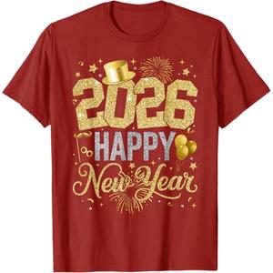 Happy New Year Party 2026 Ballon Family Matching Men Women T-Shirt, Red, size 2XL