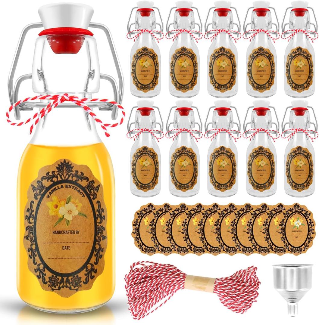 Vanilla Extract Bottles, Flip Top Bottles, 10pcs Stickers, Gift Set (White, 8.5Oz)