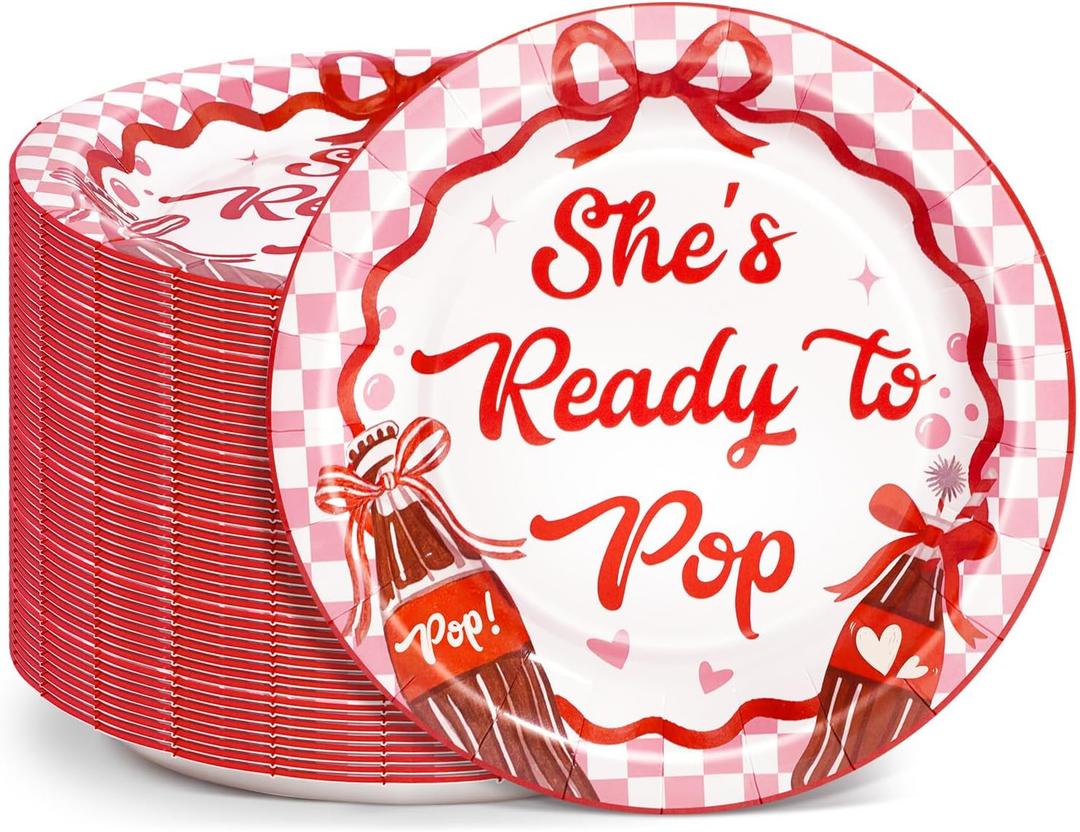 Shes Ready to Pop Party Plates, Retro Soda Theme Baby Shower Decor include 48 Plates for Gender Reveal Pregnancy Announcement Newborn Party Supplies (Plates)