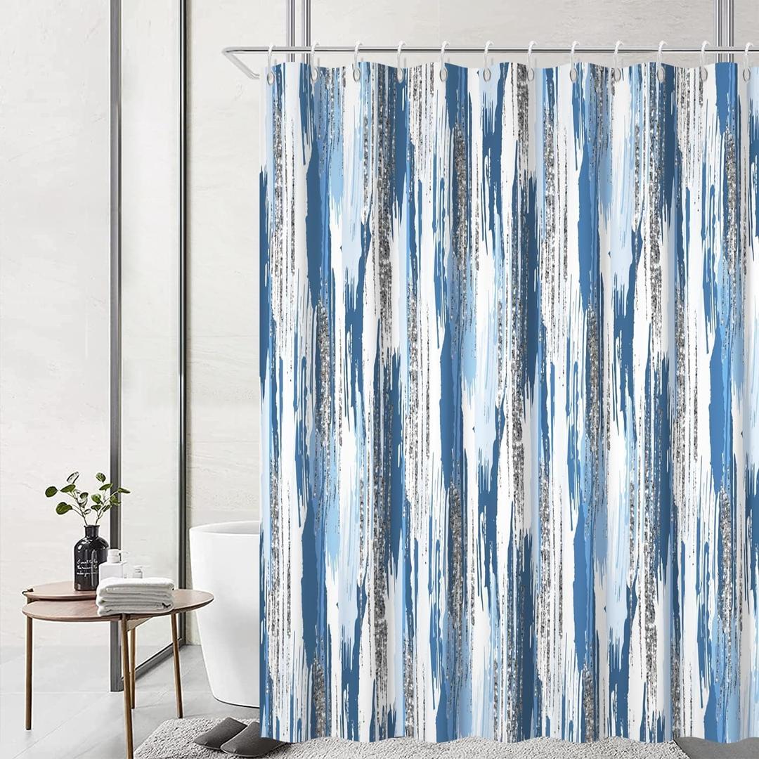 Blue Shower Curtain, Modern Abstract Ombre Blue and Silver Shower Curtain Set with Hooks Waterproof Minimalist Aesthetic Bathroom Curtain, 72x72 Inch