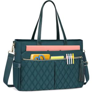 RAINSMORE Laptop Bag for Women 15.6" Teacher Tote Work Bag with Insulated Pockets, Professional Nurse Bag Laptop Briefcase Large Handbag for Office College Nursing, Green