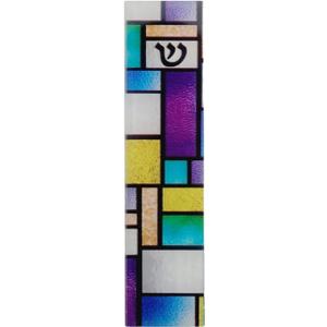Rite Lite Stained Glass Art Glass Mezuzah Cover Handcrafted Abstract Design, Colorful Home Decoration Easy Mounting Tape for Hanging on Door or Wall, Vibrant and Artistic Mezuzah for Your Entryway