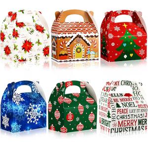 42 Pcs Christmas Goody Gift Box Christmas Cookie Treat Box with Handle 3D Xmas Gift Wrap Box for Christmas Holiday Party Supplies Favors, 6 Designs(Complex Style, Assorted Color)