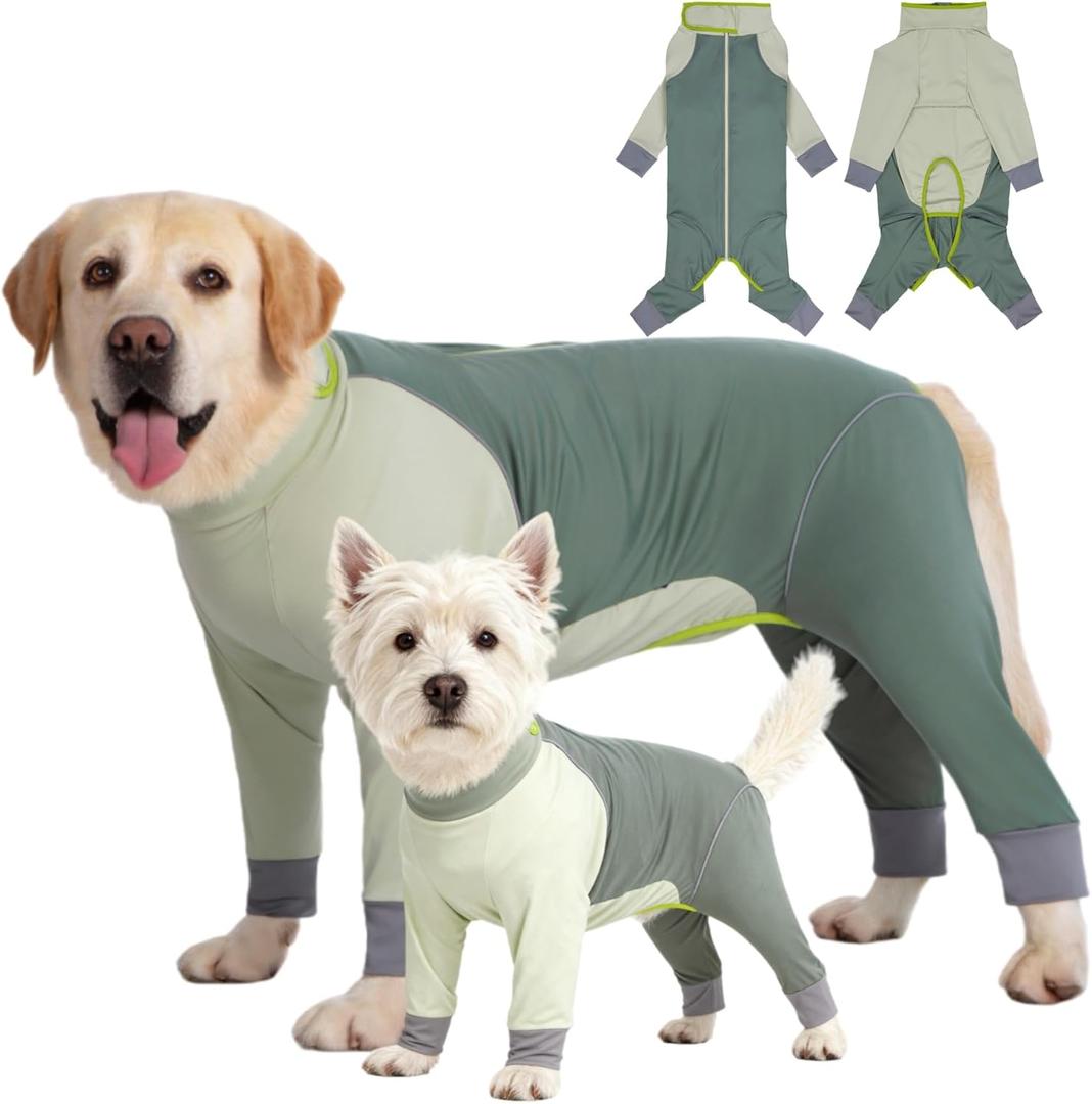Dog Onesie Coat - Water-Repellent & Stretchable, Dirt-Resistant Outdoor Puppy Suit with Reflective Strips | Controls Shedding | for Dogs (Olive Green, XL(Weight 13-22 lbs))