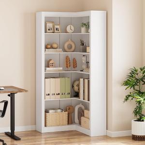 GarveeHome Corner Bookshelf, 71.8 in White Corner Bookcase, L-Shaped Bookshelf Large Bookcase, 5 Tier Display Shelf Heavy Duty Bookcases, Bookshelves with Storage