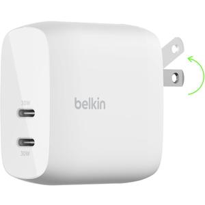 Belkin BoostCharge Dual USB-C Wall Charger w/PPS 60Wfor Apple iPhone 16, 16 Plus, iPad, Galaxy S25, Google Pixel, Nintendo Switch 2 - Compatible w/C to Lightning & C to C Cables - White