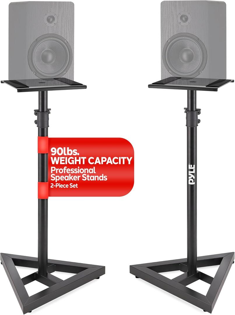 Pyle Speaker Stand Pair of Sound Play 1 and 3 Holder - Telescoping Height Adjustable from 26 - 52 Inch High Heavy Duty Three-point Triangle Base w/ Floor Spikes and 9 Square Platform, Black