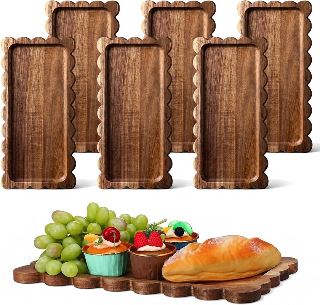 LemonRoad 6 Pcs Scalloped Acacia Wood Serving Platters and Trays, 11.8 x 5.1 Inch Acacia Wood Serving Tray Charcuterie Boards Platters for Food or Desserts Bread Cheese Fruit Tea