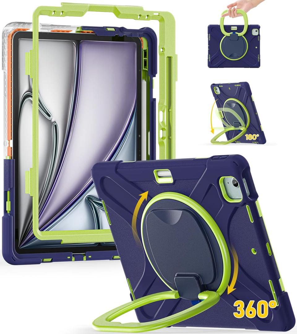BRAECN Case for iPad Air 13 Inch M3 2025/ M2 2024 & iPad Pro 12.9 6th/5th/4th/3rd Gen: Military Grade Silicone Protective Cover w/Pencil Holder, Kickstand, Swivel Handle, Shoulder Strap, Navy Green