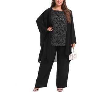 Women's Plus Size Mother of Bride Pant Suits 3 Piece Chiffon Elegant Sets Lace Wedding Guest Outfit (16, Black)