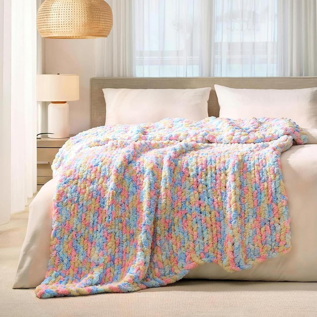 L'AGRATY Chunky Knit Blanket Throw: 60''x80'' Chenille Chunky Knitted Throw Blankets for Twin Bed Couch - Handmade Thick Cable Knit Blanket - Large Crochet Rope Blankets for Home Decor (Rainbow)