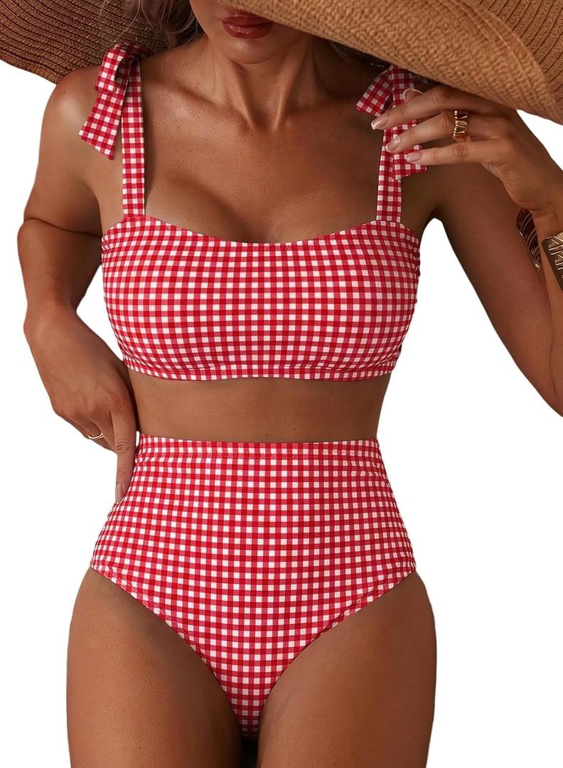 Herseas Womens Bikini Sets Two Piece Full Coverage Swimsuits Shoulder Strap Knot Padded High Rise Tummy Control Bathing Suits Teens Beach Vacation Clothes Red Checkerboard Medium