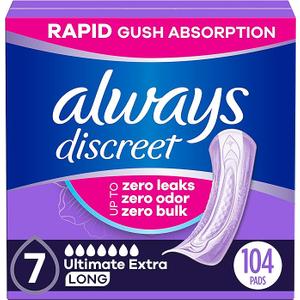 Always Discreet Adult Incontinence Pads for Women, Ultimate Extra Absorbency, Long Length, Postpartum Pads, 104 Count (4 Packs of 26)