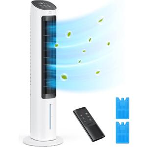 Dreo Tower Fans That Blow Cold Air, 40" Evaporative Air Cooler, Cooling Fan for Bedroom with 80 Oscillating, Ice Packs, Remote Control, 3 Modes 4-Speed Quiet Floor Fan, White (Standard)