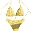SHENHE Women's Two Piece Bikini Set Tie Back Textured Cheeky Halter Swimsuits Swimwear (Large, Yellow)