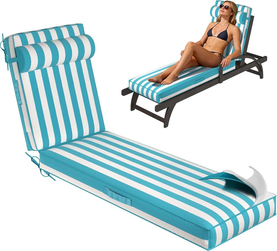 Chaise Lounge Cushions Outdoor 72x21x4 Inch, Patio Lounge Chair Cushions w/High Density Foam, 4 Inch Pool Lounger Cushion w/Removable Cover Handles, Fits Poolside Patio Outdoor Furniture, Bluestripe (Bluetripe)