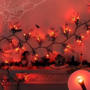 6 Ft 45 LED Willow Vine Twig Decor Black Halloween Garland with Orange Lights, Timer 8 Modes Waterproof Battery Operated Indoor Halloween Decorations for Wall Fireplace Mantle Home Office Party Decor