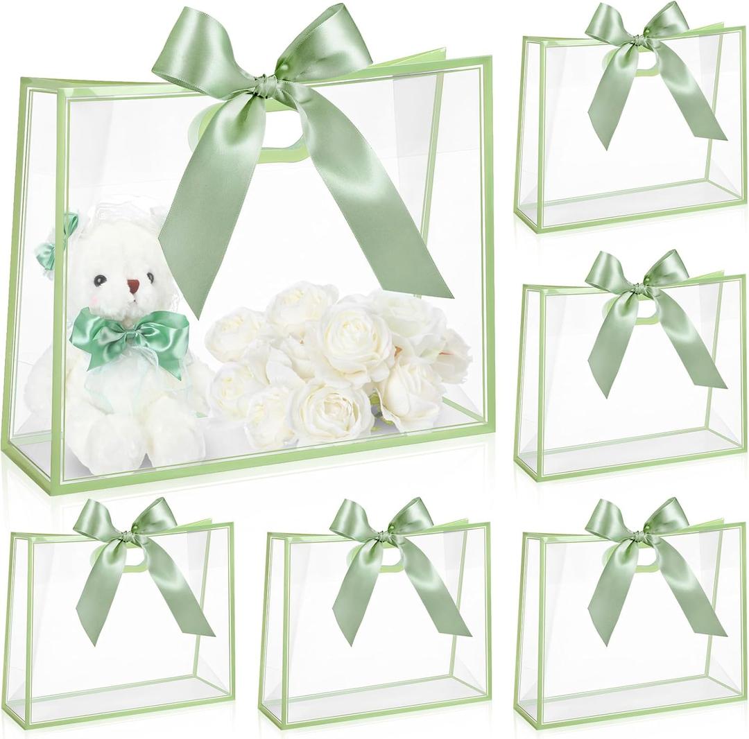 Aliceset 12 Pcs Clear Plastic Gift Bags with Die Cut Handles Reusable Party Favor Bags with Ribbon for Mother's Day Wedding Graduation Bridal Shower Baby Shower, 12 x 10 x 5''(Sage Green)