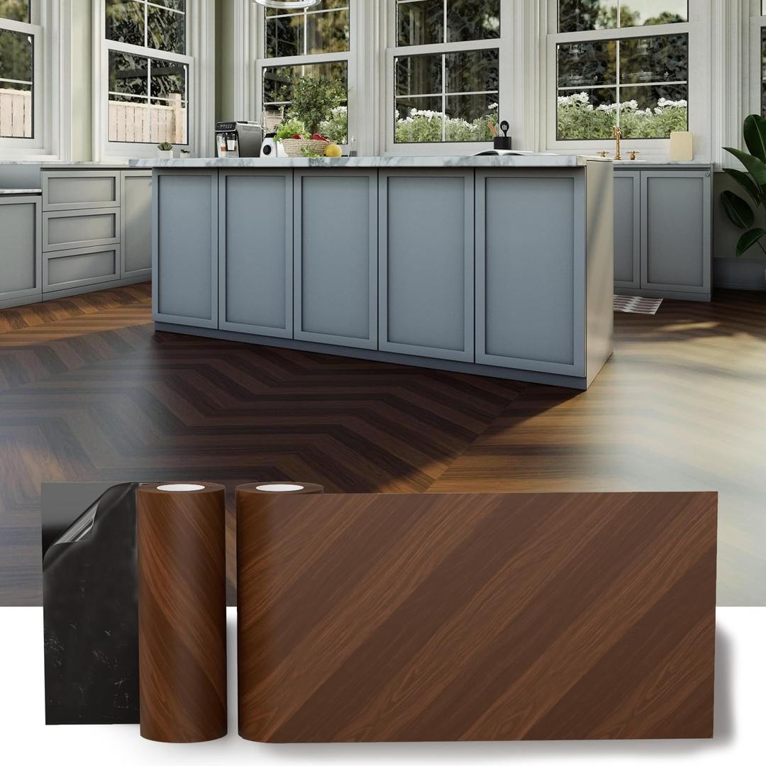 2 Rolls 11.8" Wide Cover 40 Sq.Ft Peel and Stick Floor Tile Roll, Durable Self Adhesive Vinyl Flooring Wood Grain Linoleum Flooring Tile DIY for Kitchen, Bathroom, Living Room, Dark Brown Herringbone