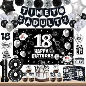 18th Birthday Party Supplies, Black 18th Birthday Decorations for Boys And Girls Include 18th Birthday Cake Topper, Time To Adult Banner, Background, Balloons, Happy 18 Year Old Birthday Decorations