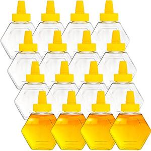 Elsjoy 16 Pack Plastic Honey Bottle Jars, 7 Oz Squeeze Bottles Empty Jars with Spout, Refillable Condiment Bottles Clear Container for Storing and Dispensing, Hexagon Shape