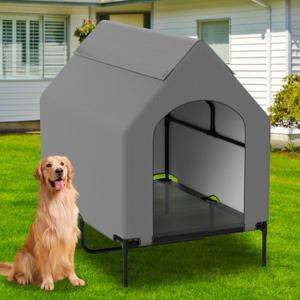 48" Dog House for Large Dogs Outside, Elevated Cooling Dog Beds for Outdoor Indoor, Weatherproof Raised Pet Shelter with Canopy, Big Portable Doggie Tent Cot Kennel, Grey