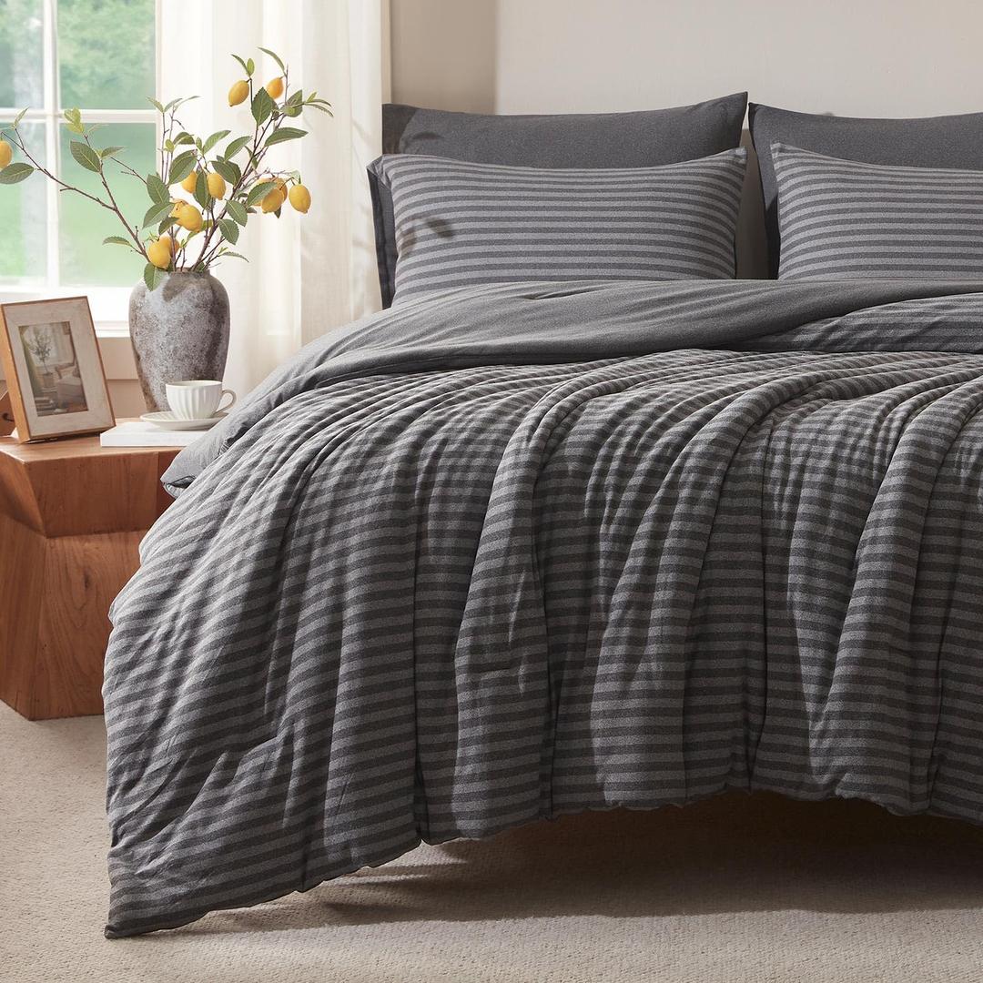 Queen Comforter Set, Comforters Queen Size Luxury Ultra-Soft Jersey Knit Bedding Sets, Strip/Dark Gray Lightweight Down Alternative Bed Comforte Queen for All Season, 3 Piece Bedding Setrey