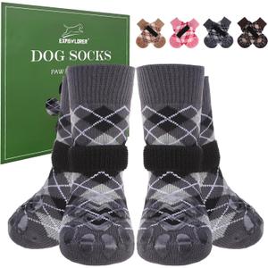 EXPAWLORER Dog Socks to Prevent Licking Paws,Dog Shoes for Hot Pavement,4 Pcs Double Sided Anti Slip Dog Socks with Grippers,Dog Booties for Small Medium Large Senior Dogs,British Style,Black S
