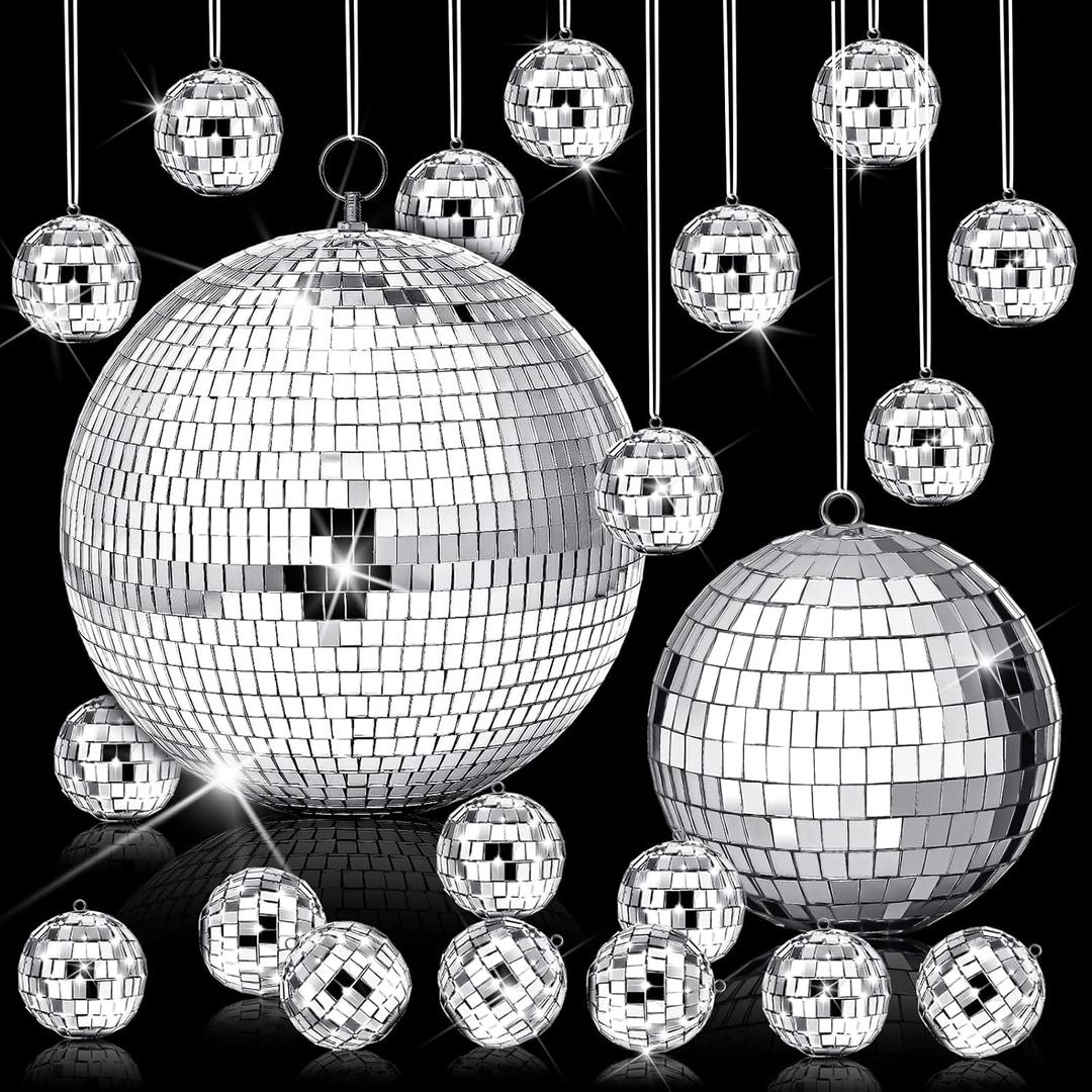 17 Pcs Disco Ball Decor: Mini Large Assorted Size Hanging Mirror Disco Ball Sets - Silver Party Ornaments for Stage Club Prom Props 70s Weddings Dance Music Birthday(8, 6, 1.2 Inch)